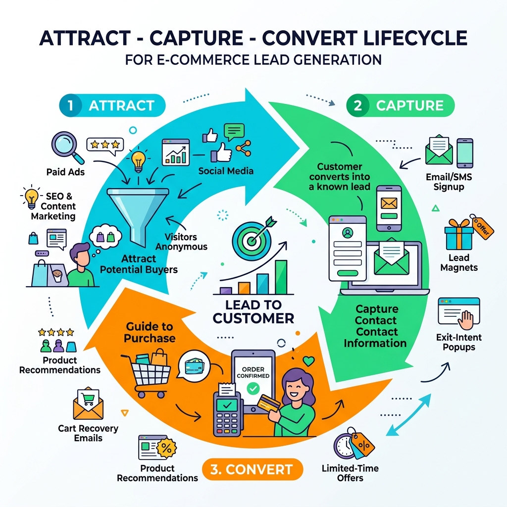 Attract-Capture-Convert lifecycle for e-commerce lead generation - lead generation for e-commerce infographic Attract-Capture-Convert lifecycle for e-commerce lead generation - lead generation for e-commerce infographic