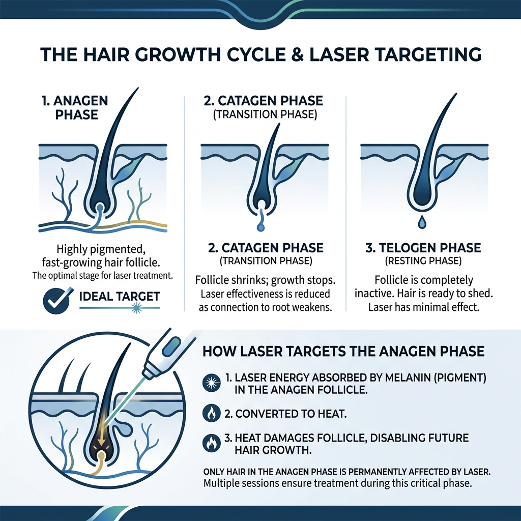 Hair growth cycle infographic showing anagen, catagen, and telogen phases and how laser targets the anagen phase - armpit Hair growth cycle infographic showing anagen, catagen, and telogen phases and how laser targets the anagen phase - armpit