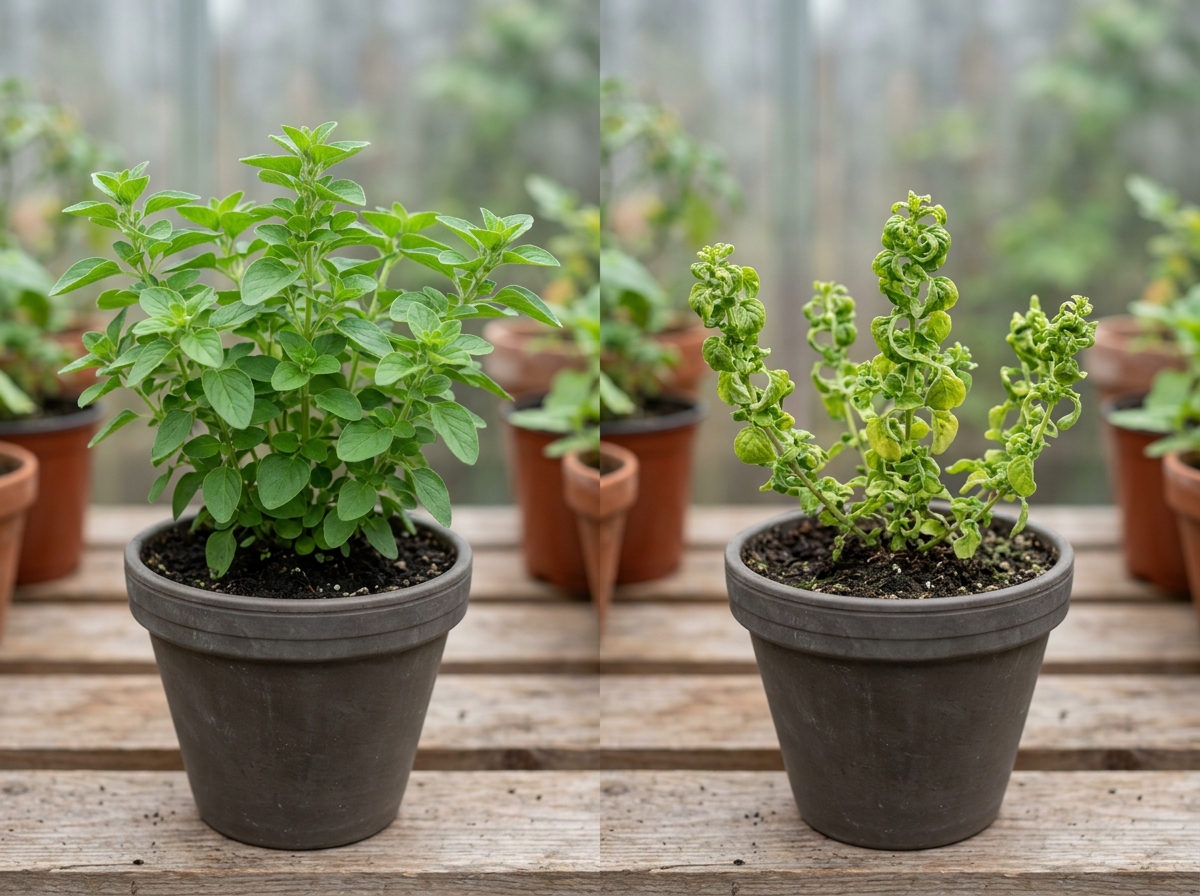 Comparison of healthy herbs versus herbs showing drift-related injury like cupping and epinasty - herbicide drift herb damage Comparison of healthy herbs versus herbs showing drift-related injury like cupping and epinasty - herbicide drift herb damage