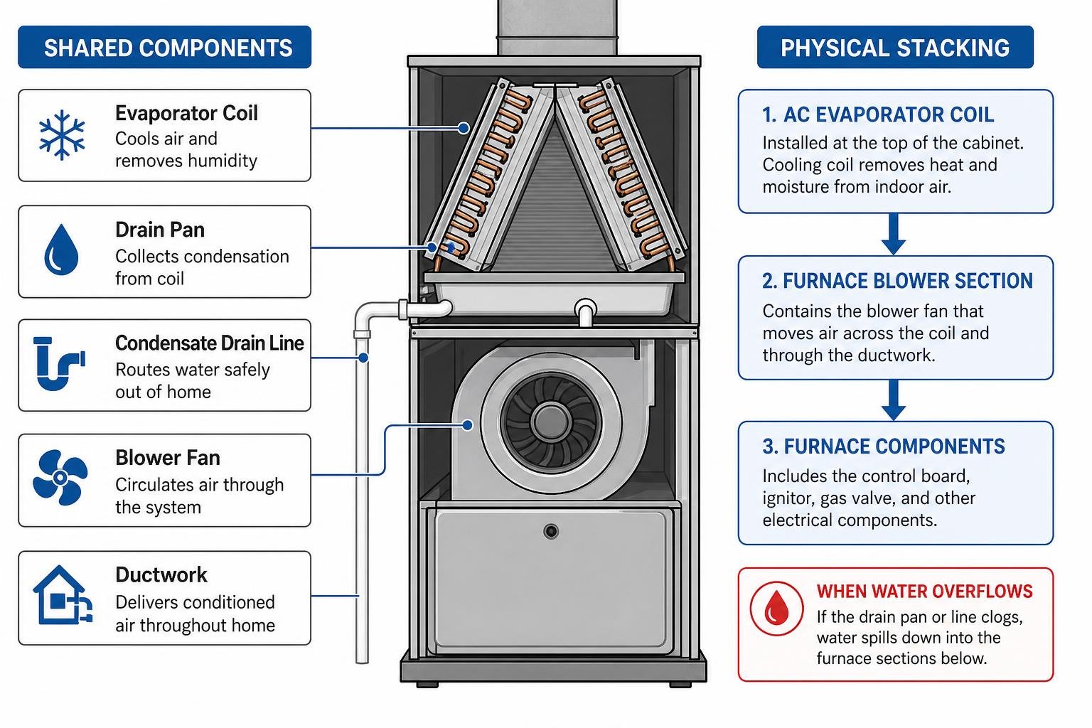 Illustration showing shared HVAC components and physical stacking of AC coil over furnace Illustration showing shared HVAC components and physical stacking of AC coil over furnace