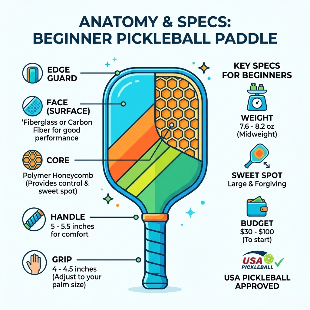 Anatomy of a pickleball paddle infographic showing face, core, handle, grip, edge guard, and key specs for beginners