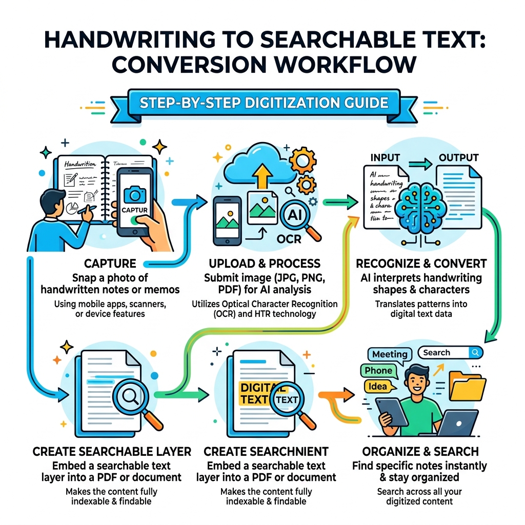 Handwriting to searchable text conversion workflow infographic - handwritten to searchable text infographic 