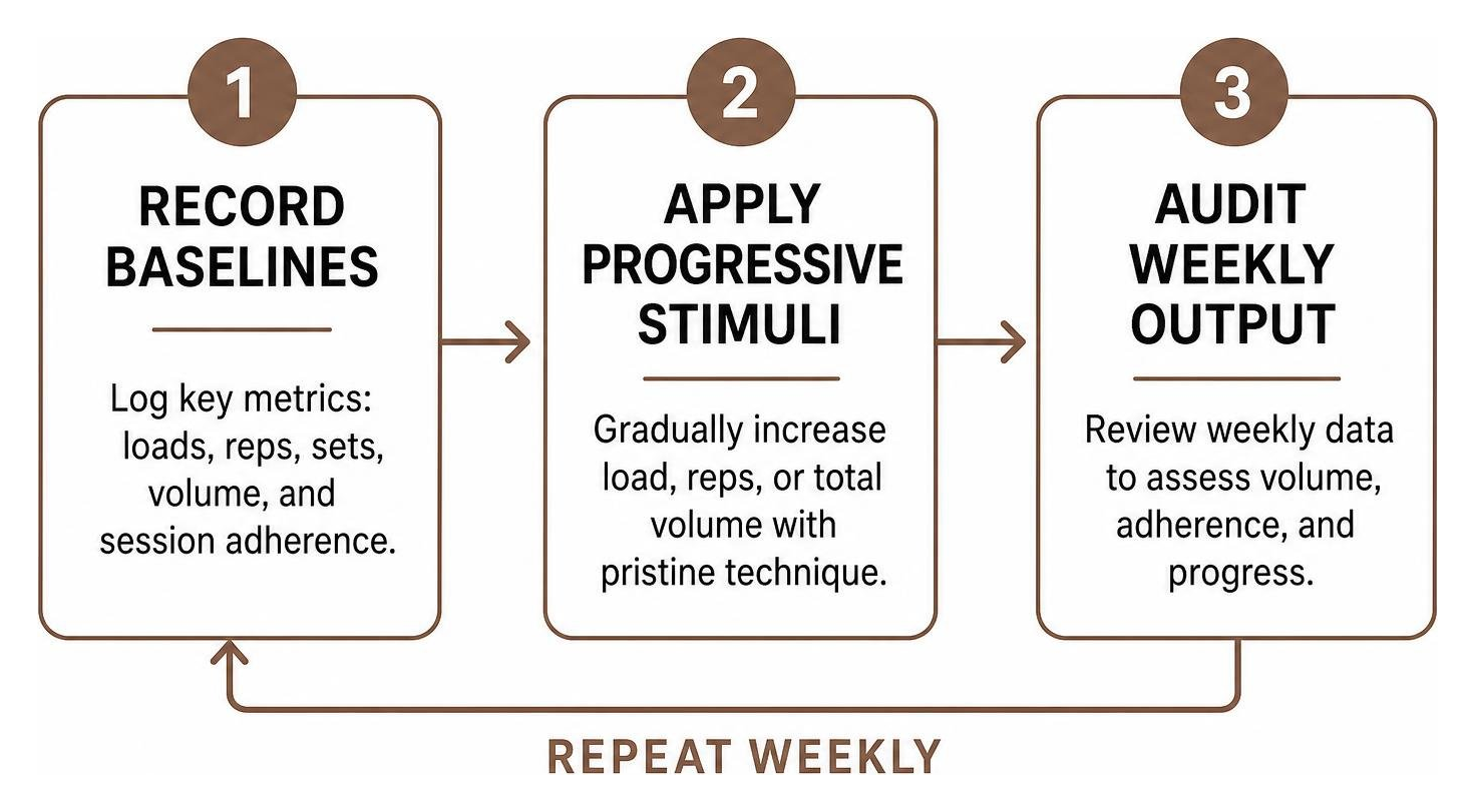 Progressive overload workflow: record baselines, apply progressive stimuli, audit weekly output Progressive overload workflow: record baselines, apply progressive stimuli, audit weekly output