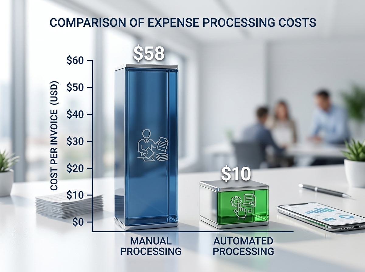 chart comparing manual vs. automated processing costs showing a drop from $58 to $10 - expense categorization automation