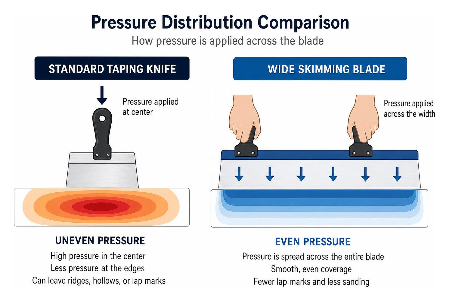 Comparison of pressure distribution between standard taping knives and wide skimming blades Comparison of pressure distribution between standard taping knives and wide skimming blades