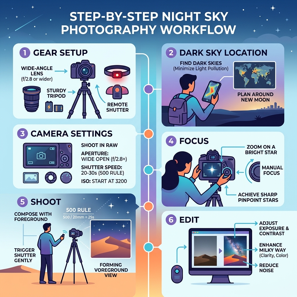 Step-by-step night sky photography workflow infographic: gear setup, dark sky location, camera settings, focus, shoot, edit
