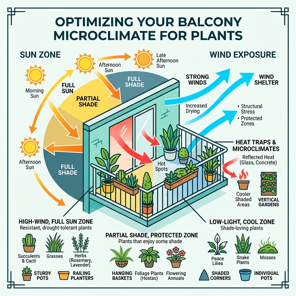 Infographic showing balcony microclimates, sun zones, wind exposure, and recommended plant placement areas - balcony plant