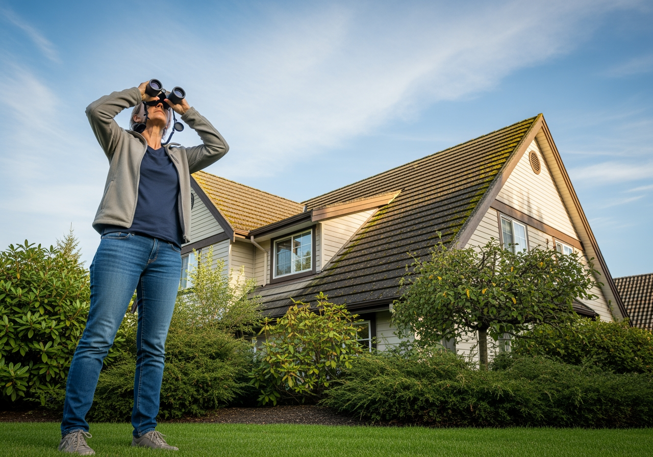 person inspecting roof with binoculars - outdoor home maintenance