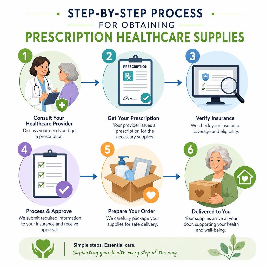 Step-by-step process for obtaining prescription healthcare supplies infographic