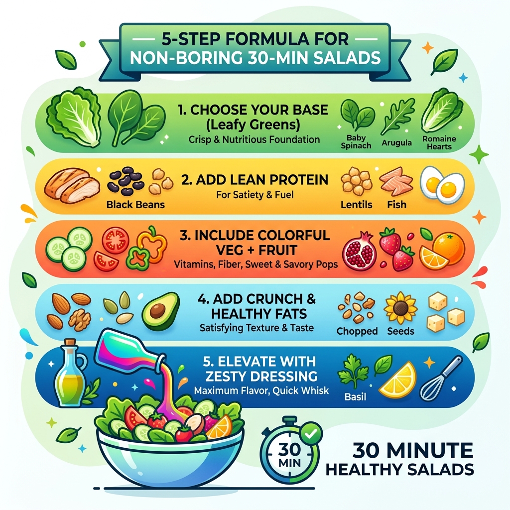 5-step formula for building a non-boring 30-minute healthy salad - 30 min healthy salads infographic 