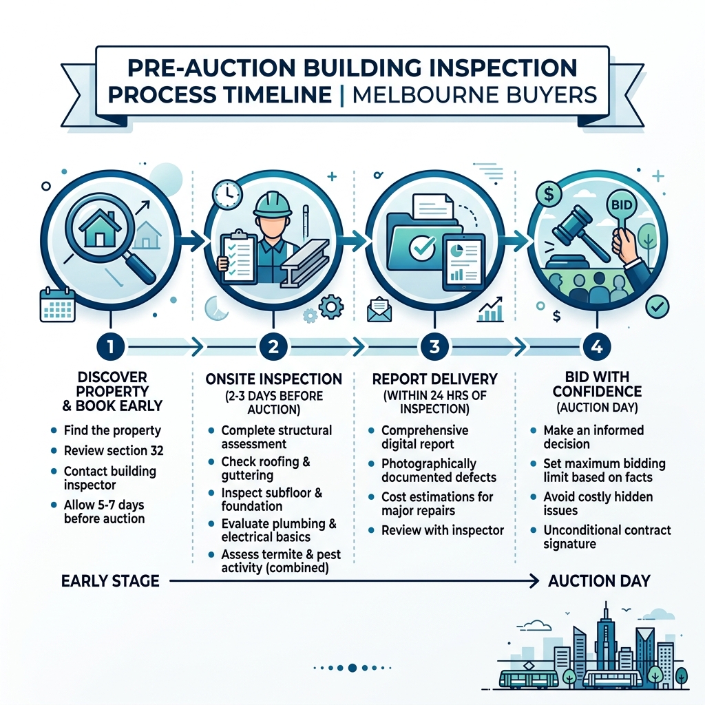 Pre-auction building inspection process timeline infographic for Melbourne buyers - auction building inspection infographic Pre-auction building inspection process timeline infographic for Melbourne buyers - auction building inspection infographic