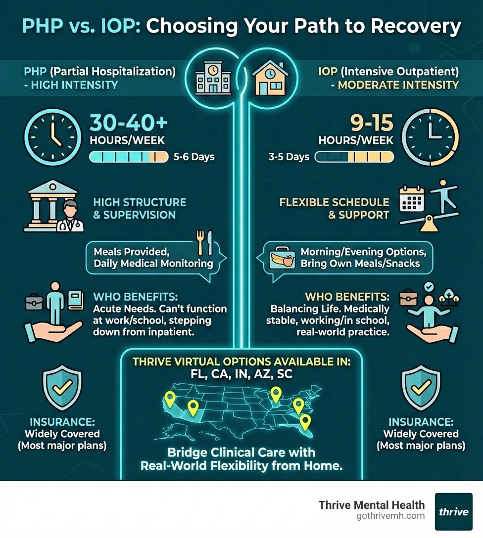 Infographic comparing PHP vs IOP for eating disorders: hours per week, structure level, who benefits, insurance coverage, and Thrive's virtual options in Florida - php vs iop for eating disorders infographic 