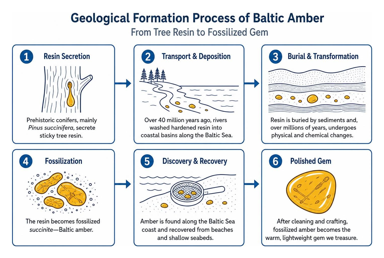Geological formation process of Baltic amber from tree resin to fossilized gem