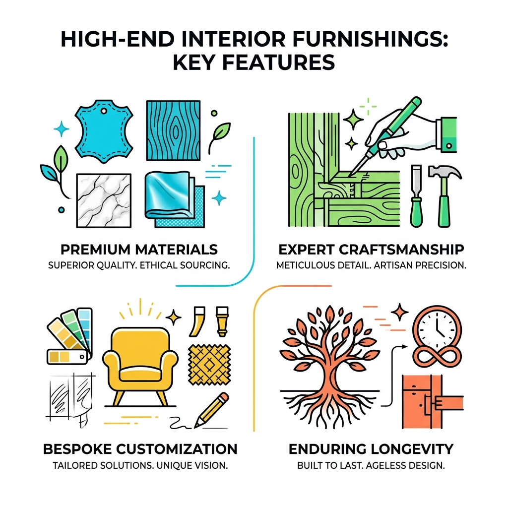 Infographic showing key features of high-end interior furnishings: materials, craftsmanship, customization, longevity, and Infographic showing key features of high-end interior furnishings: materials, craftsmanship, customization, longevity, and