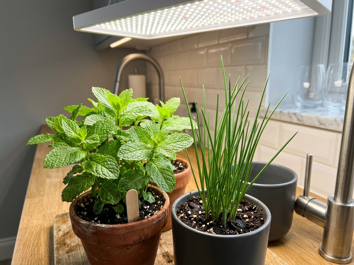 Mint and chives thriving under LED panels - growing herbs indoors without sunlight Mint and chives thriving under LED panels - growing herbs indoors without sunlight