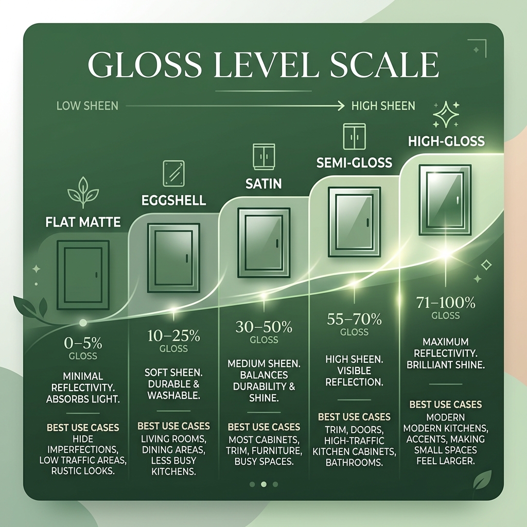 Gloss level scale from flat matte to high-gloss with reflectivity descriptions and best use cases - glossy finish kitchen