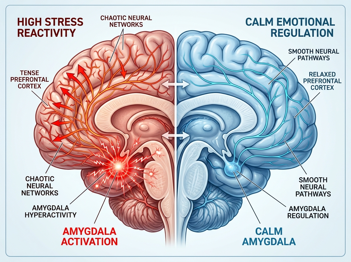 A visual representation of brain activity showing the shift from high-stress reactivity to calm emotional regulation