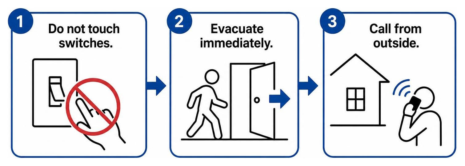 Diagram showing emergency gas leak protocol: 1. Do not touch switches. 2. Evacuate immediately. 3. Call from outside.