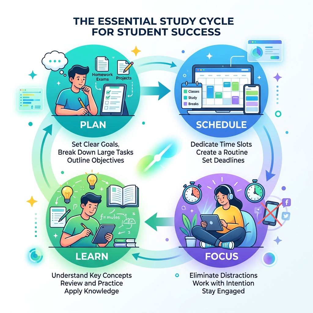 Plan-Schedule-Focus-Learn study cycle infographic for students - study planner app for students infographic Plan-Schedule-Focus-Learn study cycle infographic for students - study planner app for students infographic