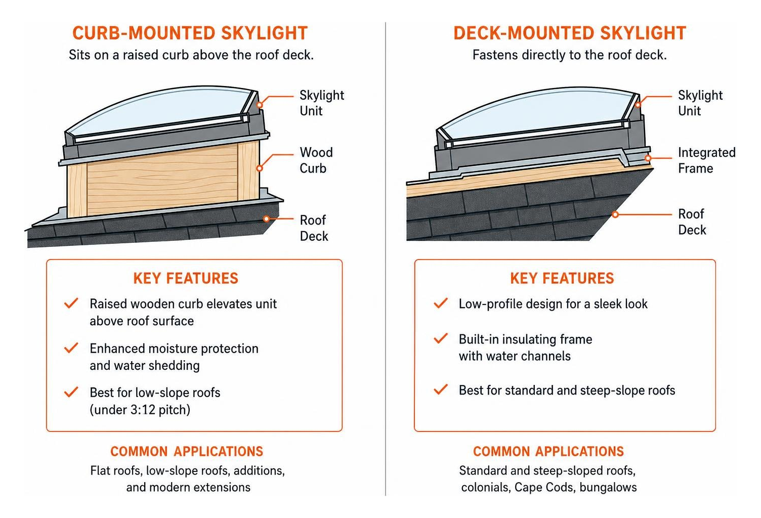 Comparison diagram of curb-mounted versus deck-mounted skylight profiles Comparison diagram of curb-mounted versus deck-mounted skylight profiles