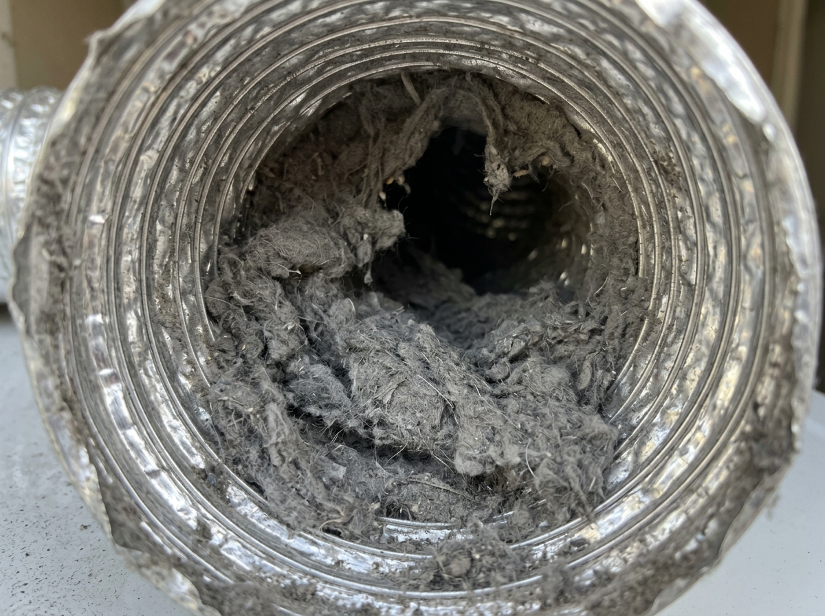A thick layer of grey lint buildup inside a silver flexible dryer duct - dryer vent maintenance A thick layer of grey lint buildup inside a silver flexible dryer duct - dryer vent maintenance