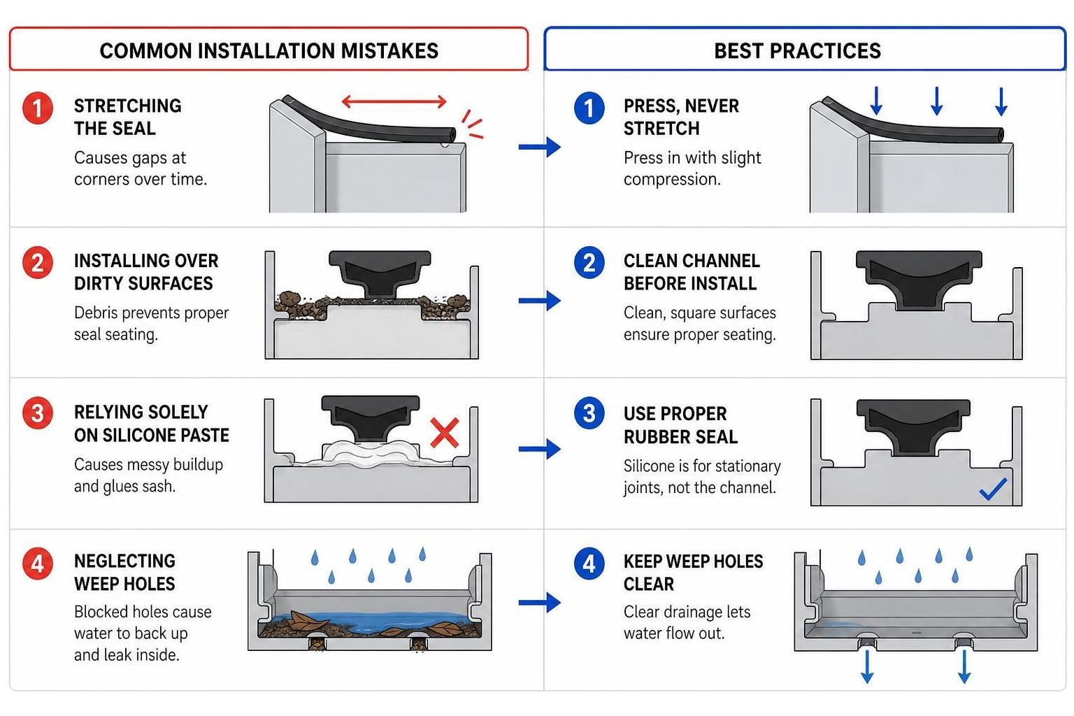 Diagram showing common window seal installation mistakes and best practices Diagram showing common window seal installation mistakes and best practices
