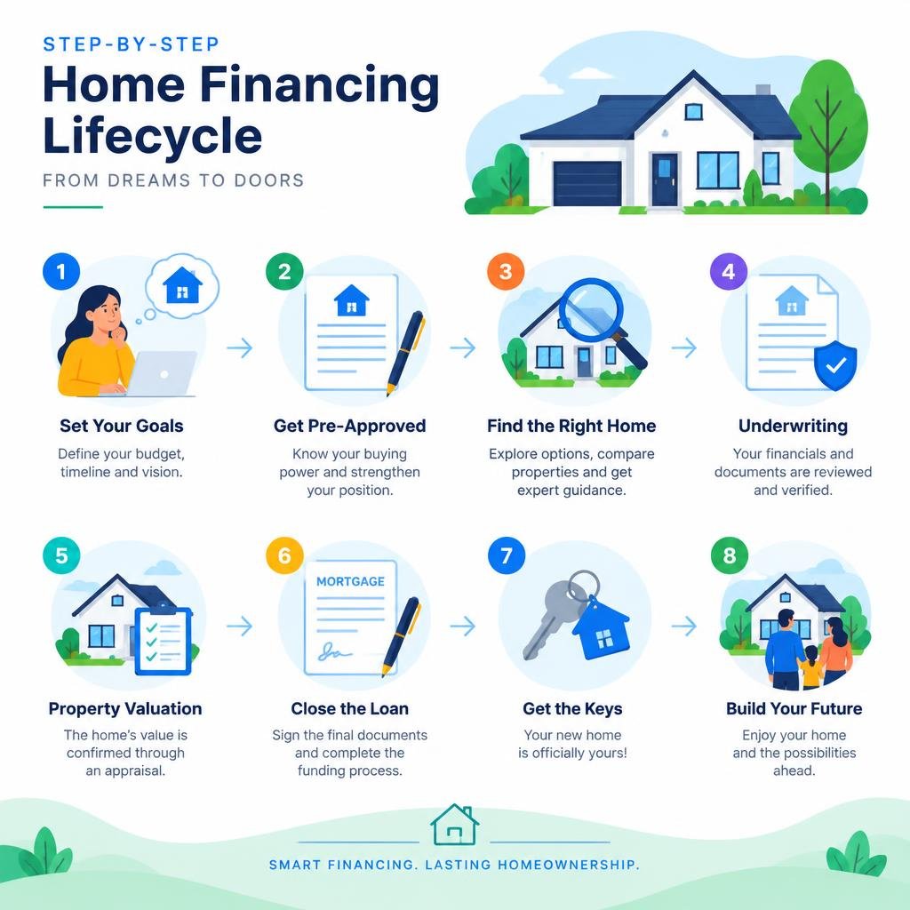 step-by-step home financing lifecycle infographic