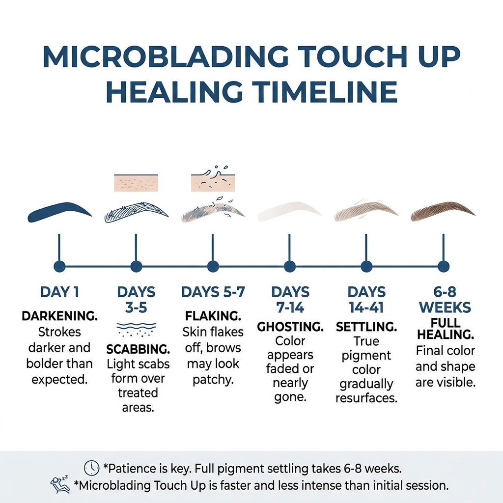 Timeline infographic: microblading touch up healing stages from day 1 darkening to 8-week pigment settle - microblading