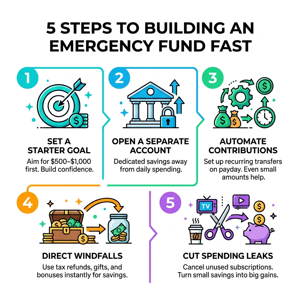 5 steps to building an emergency fund fast: set goal, open account, automate, use windfalls, cut leaks - how to save