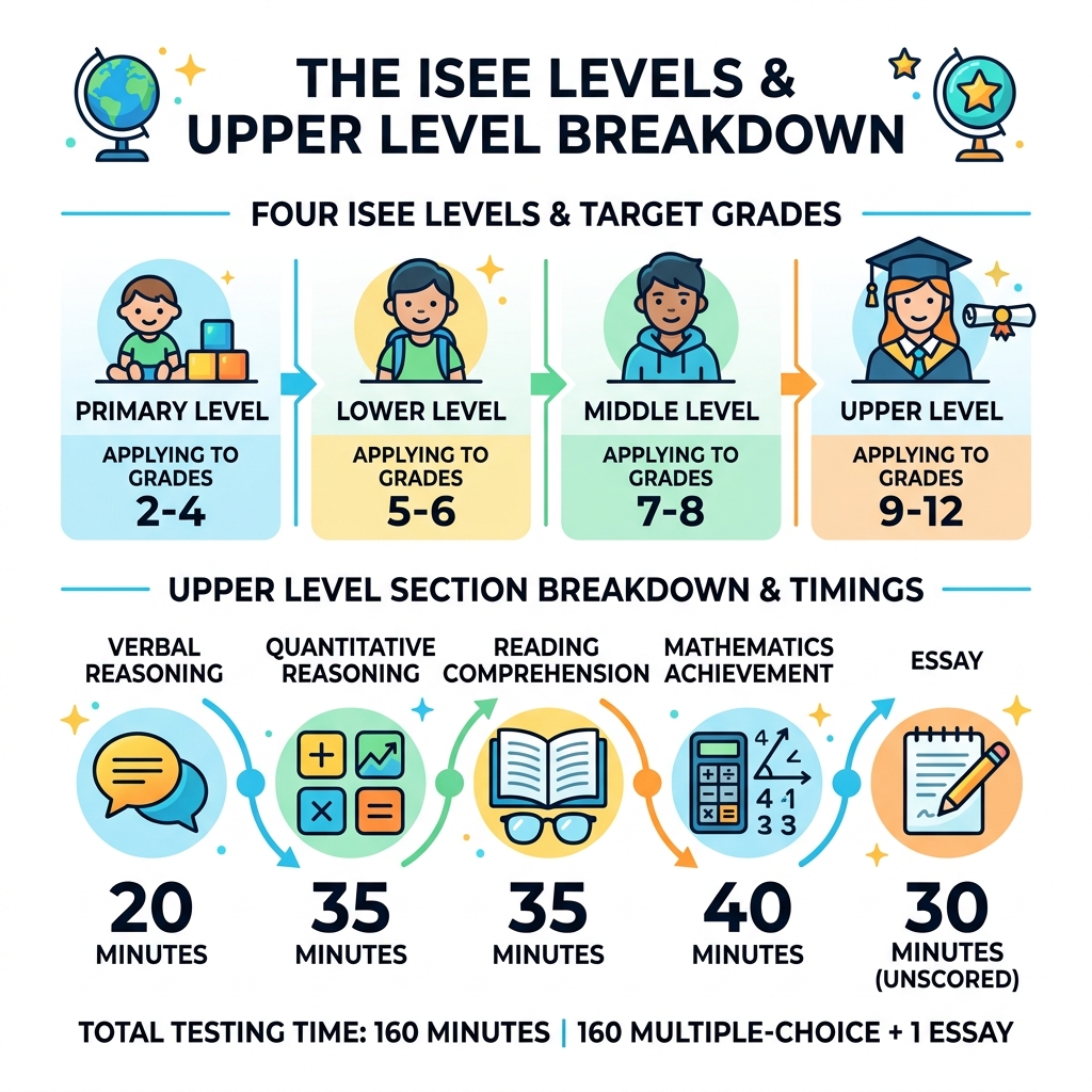 Infographic showing four ISEE levels, target grades, and Upper Level section breakdown with timings - isee test upper level Infographic showing four ISEE levels, target grades, and Upper Level section breakdown with timings - isee test upper level