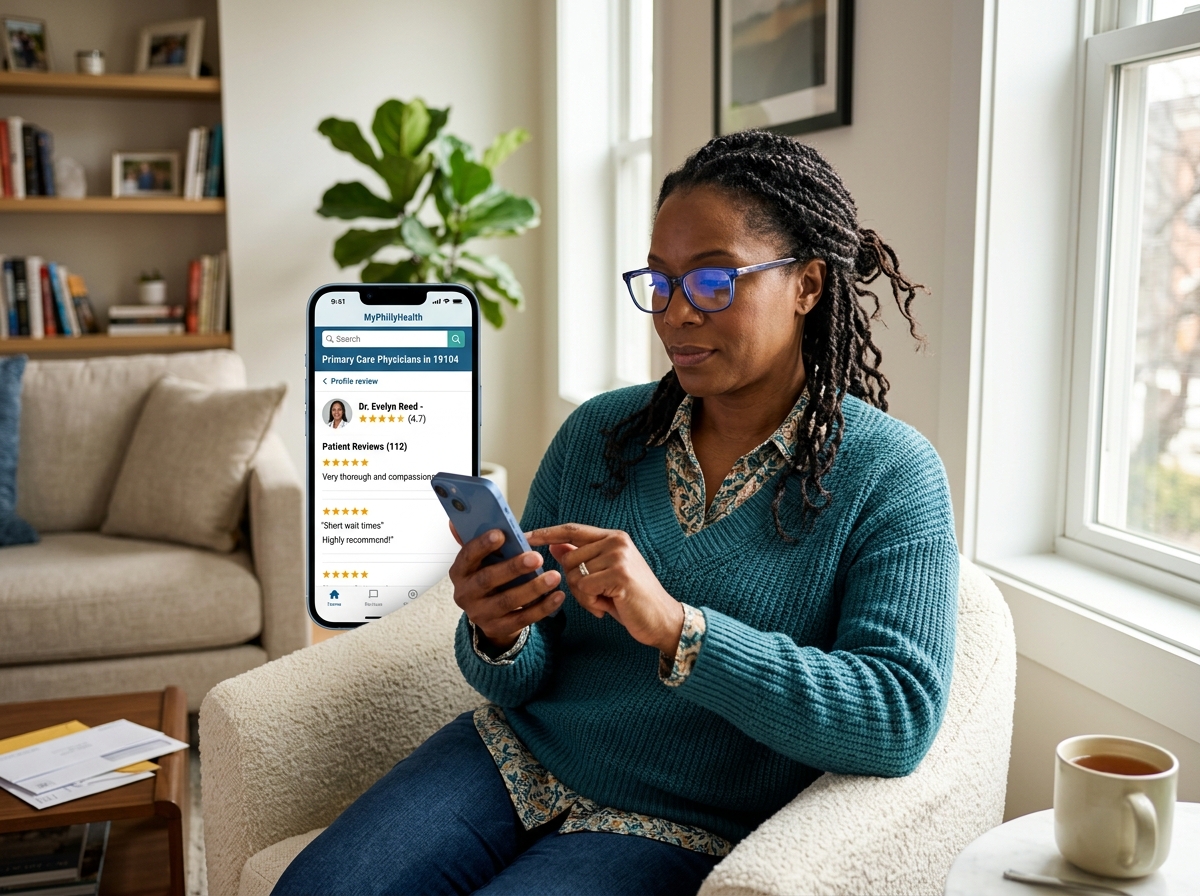 Patient using a smartphone to search for local healthcare providers and reading reviews - do doctors near me
