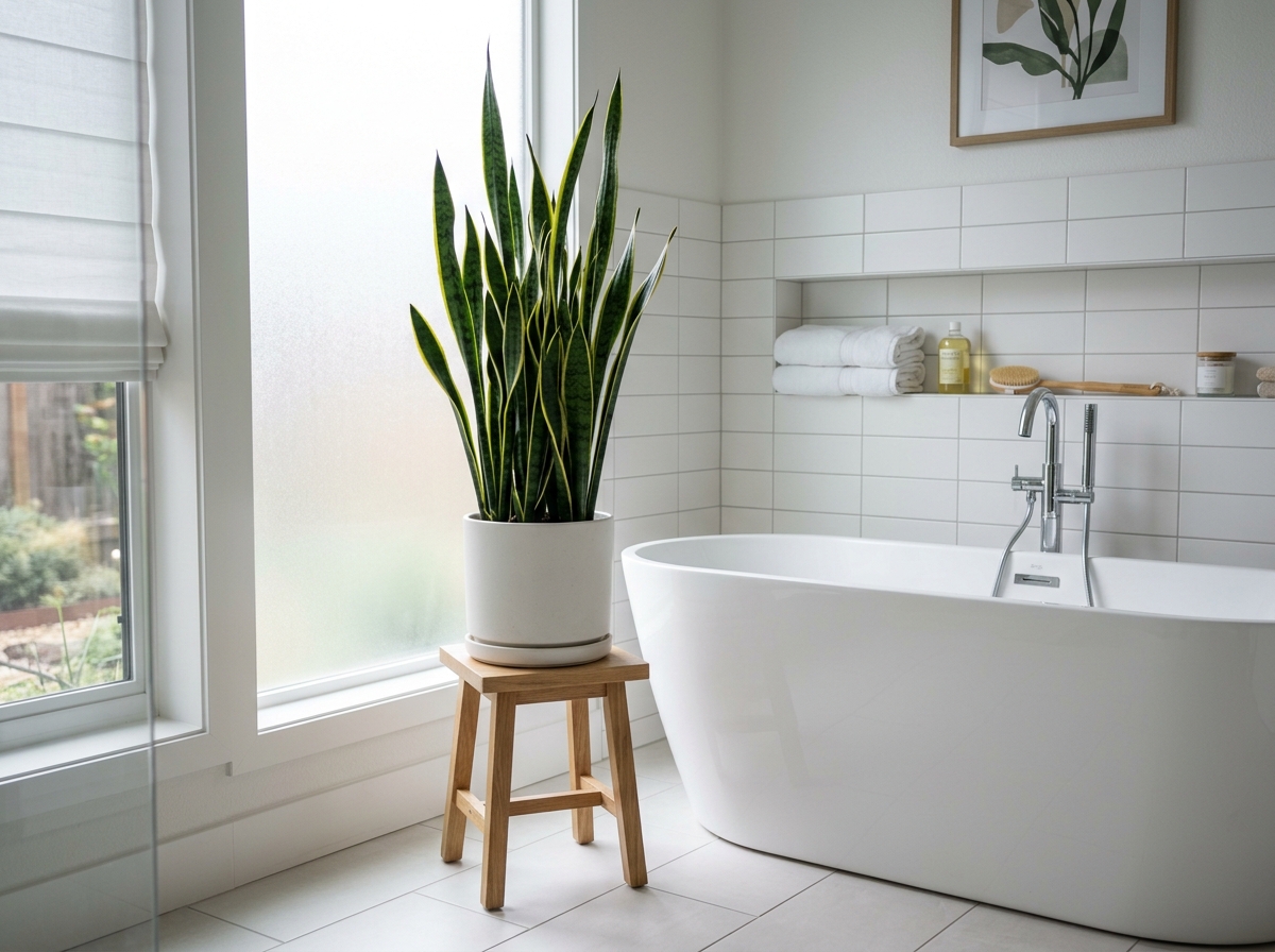 a snake plant in a modern bathroom standing tall near a white bathtub - bathroom loving houseplants a snake plant in a modern bathroom standing tall near a white bathtub - bathroom loving houseplants