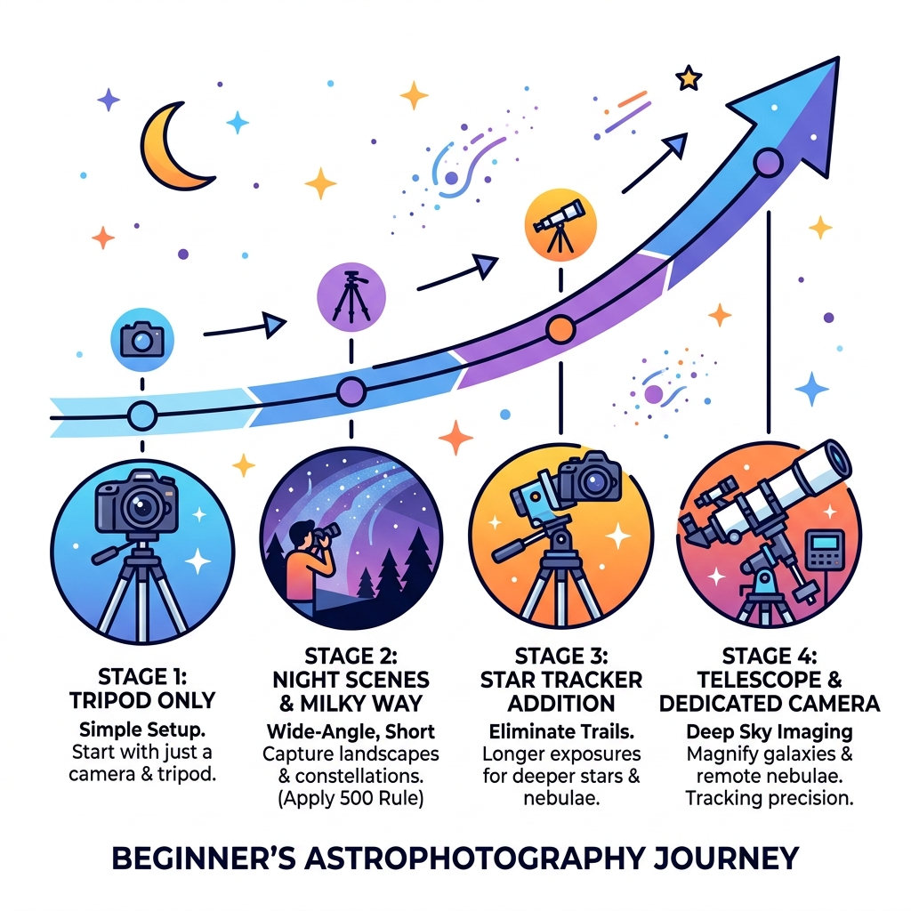 Beginner's journey from tripod to telescope in astrophotography - astrophotography tips for beginners infographic Beginner's journey from tripod to telescope in astrophotography - astrophotography tips for beginners infographic