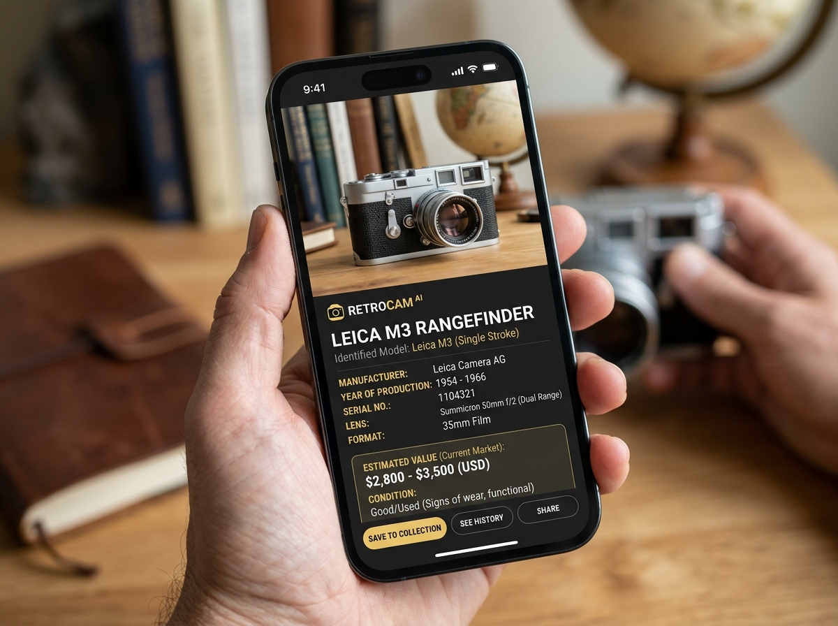 A smartphone screen identifying a vintage camera with detailed specs and value - take a pic and find out what it is