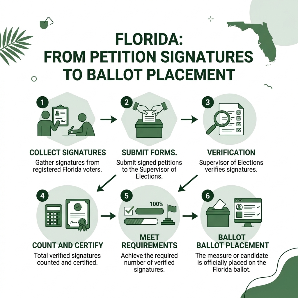 Infographic showing the steps from petition signature collection to Florida ballot placement - petition signing rules