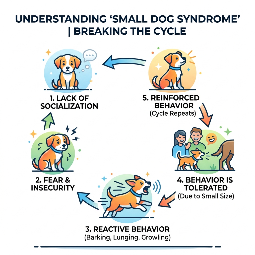 Infographic showing the Small Dog Syndrome cycle: poor socialization leads to fear, fear leads to reactive behavior Infographic showing the Small Dog Syndrome cycle: poor socialization leads to fear, fear leads to reactive behavior