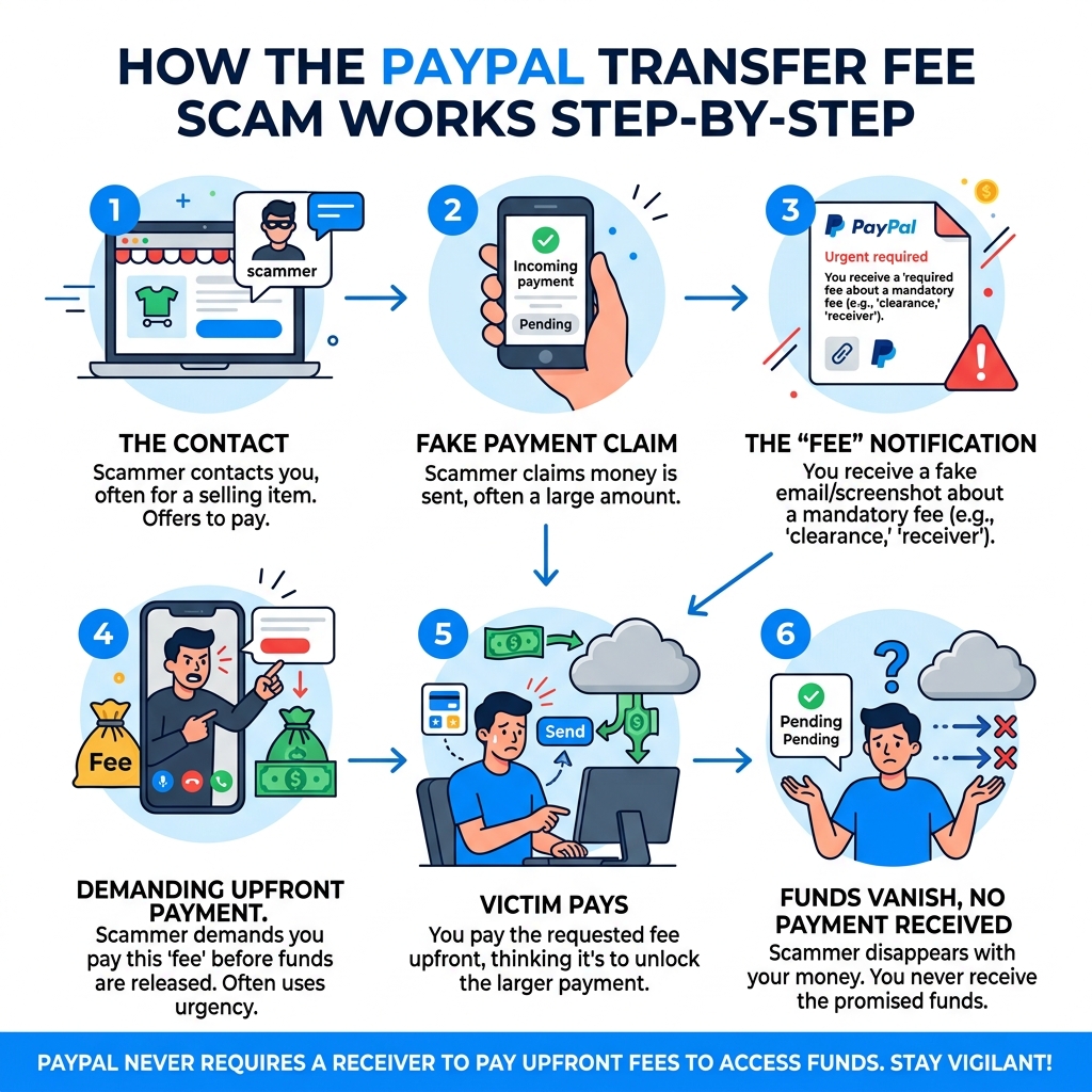 Infographic showing the PayPal transfer fee scam workflow step by step - paypal transfer fee scam infographic