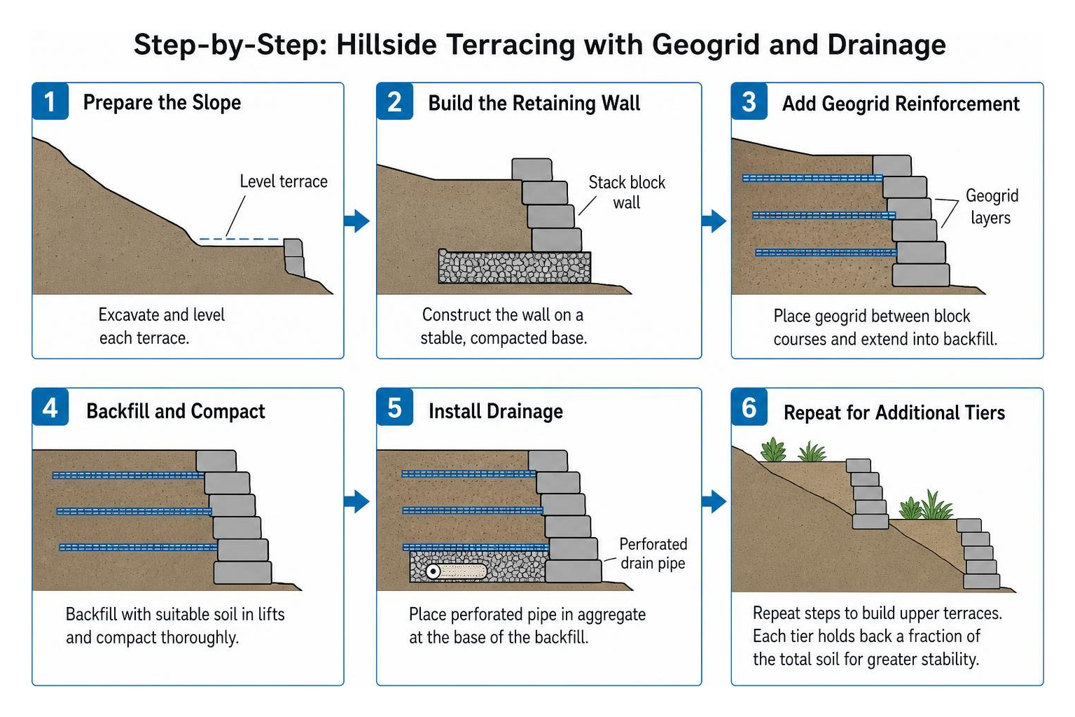 Step-by-step hillside terracing with geogrid and drainage Step-by-step hillside terracing with geogrid and drainage