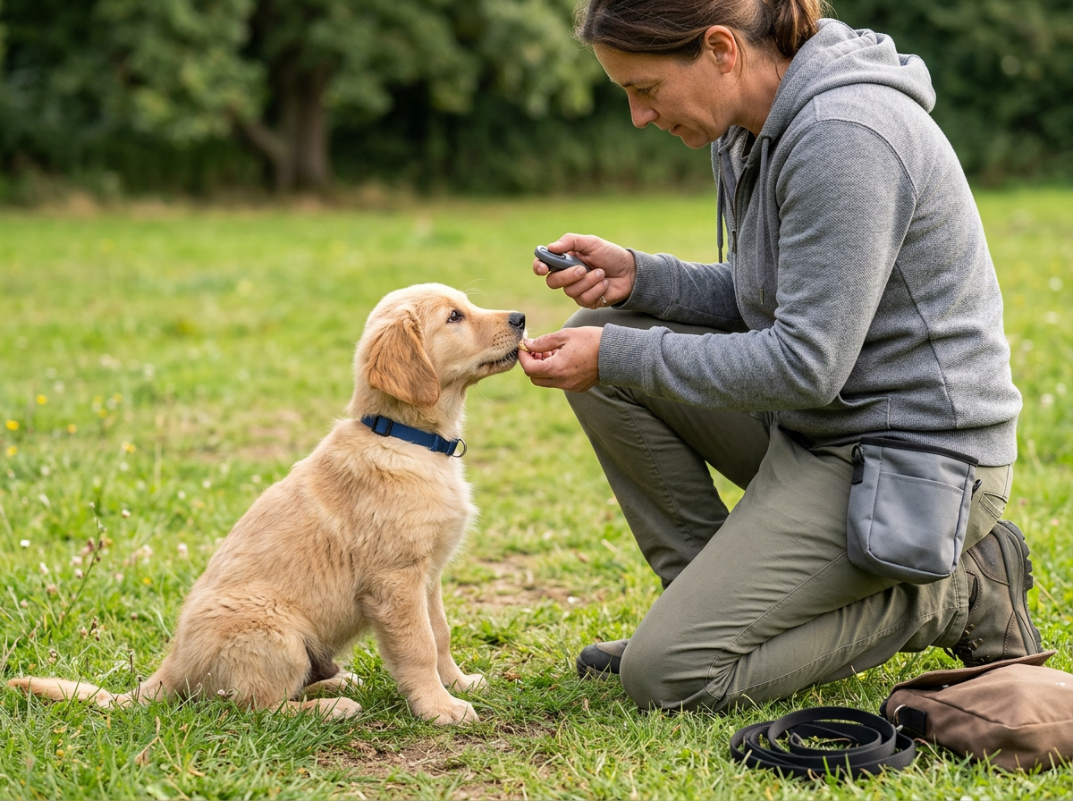 a trainer using a clicker with a puppy