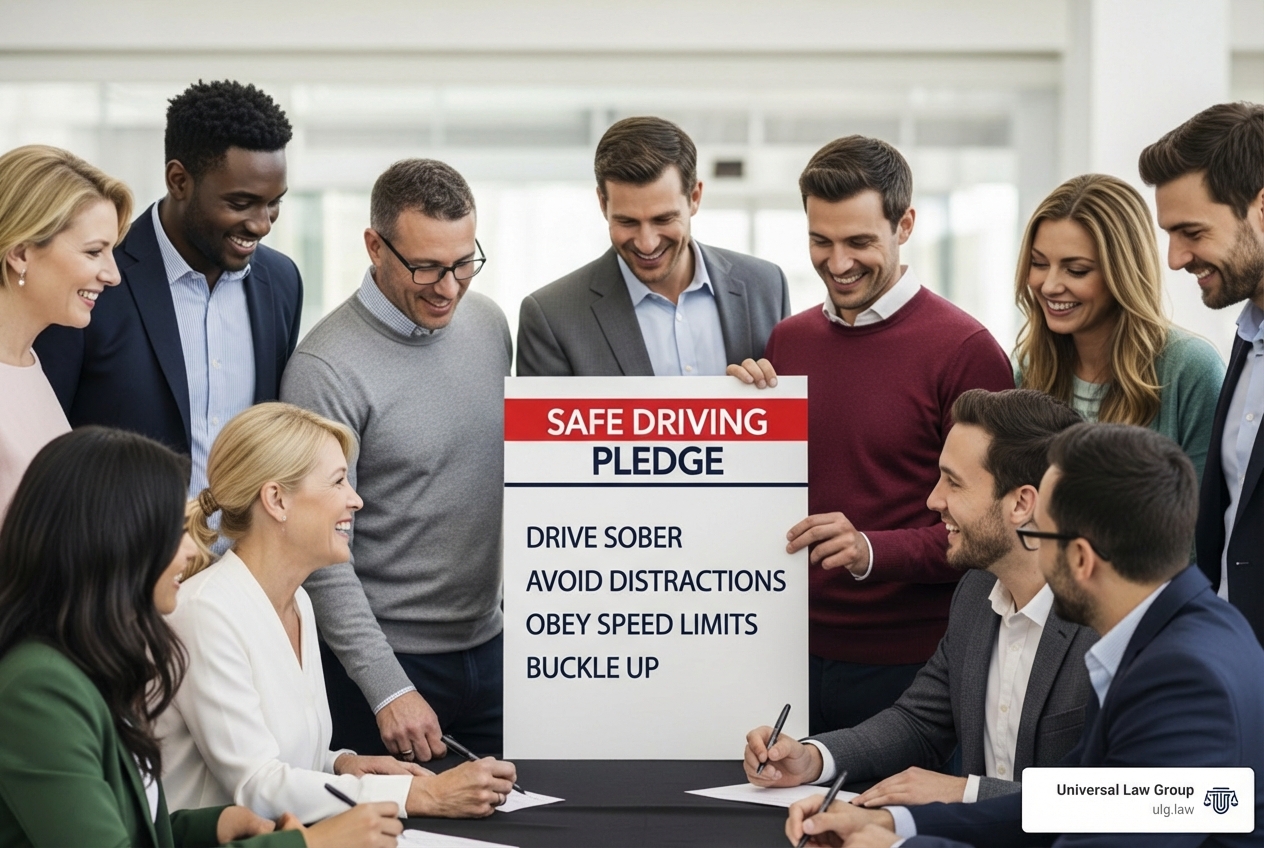 A diverse group of people looking at a safe driving pledge - how to prevent distracted driving