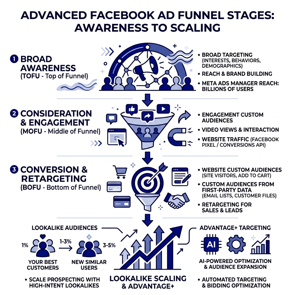 Advanced Facebook ad funnel stages from broad awareness to custom audience retargeting and lookalike scaling - advanced