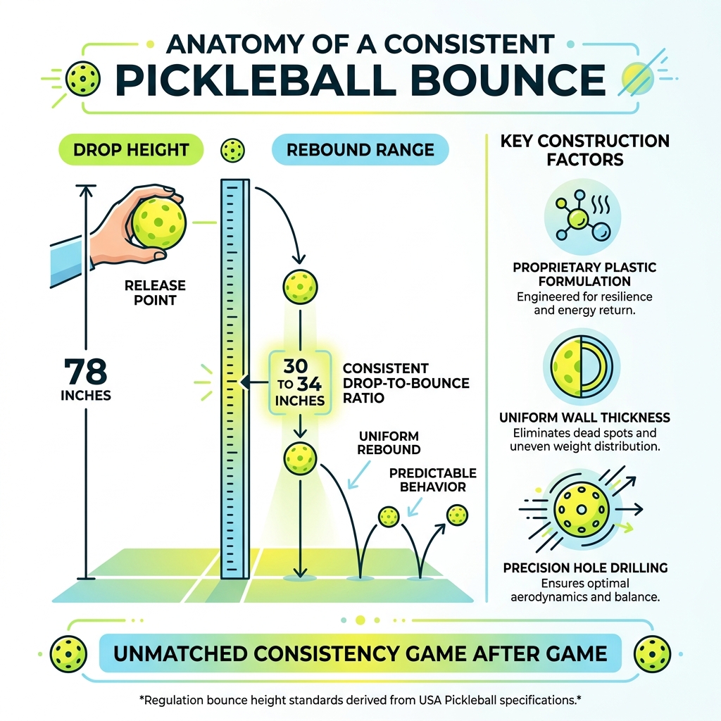 infographic showing anatomy of a consistent pickleball bounce including drop height, rebound range, and key construction
