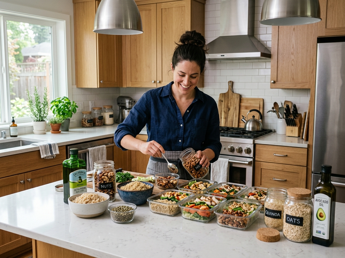 A person meal prepping high-calorie ingredients like nuts, oils, and grains - easy calorie dense meals