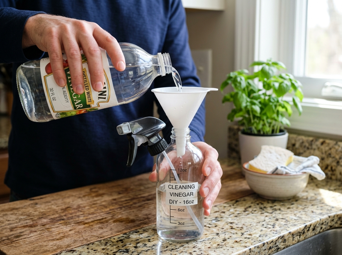 pouring white vinegar into a glass spray bottle with a funnel - homemade household cleaner