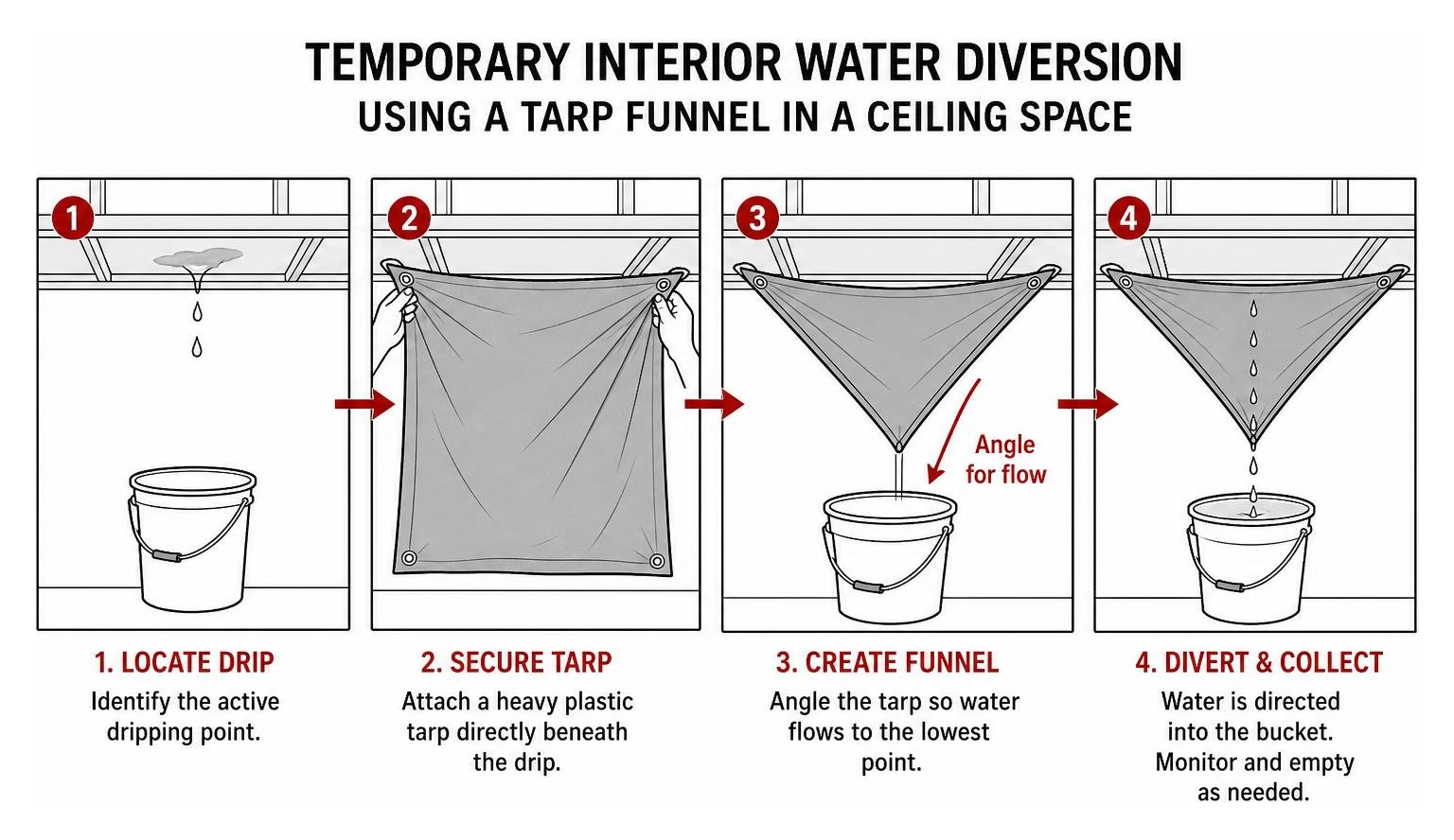 Temporary interior water diversion method using a tarp funnel in a ceiling space Temporary interior water diversion method using a tarp funnel in a ceiling space