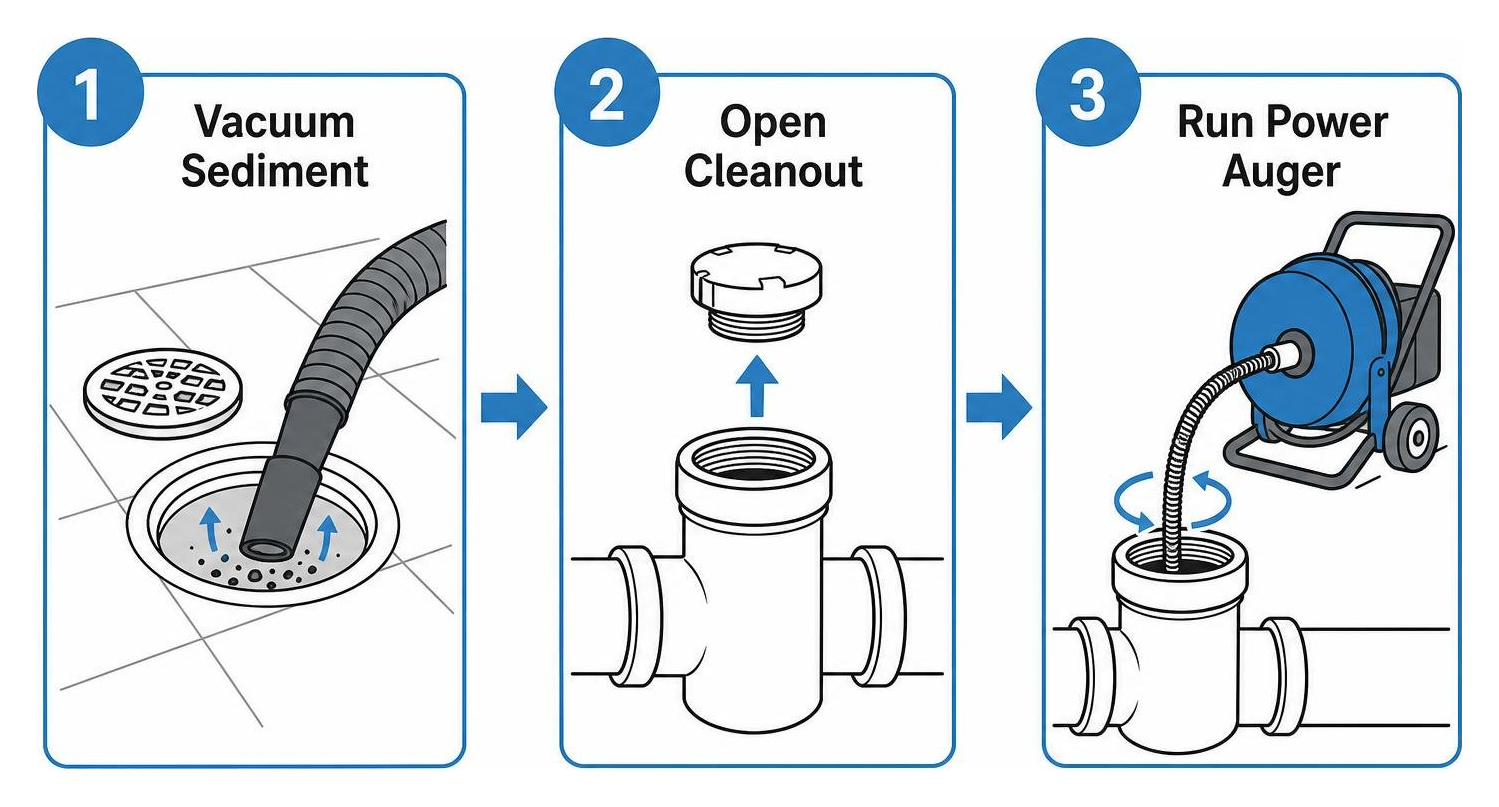 Step by step drain cleaning: vacuum sediment, open cleanout, run power auger Step by step drain cleaning: vacuum sediment, open cleanout, run power auger