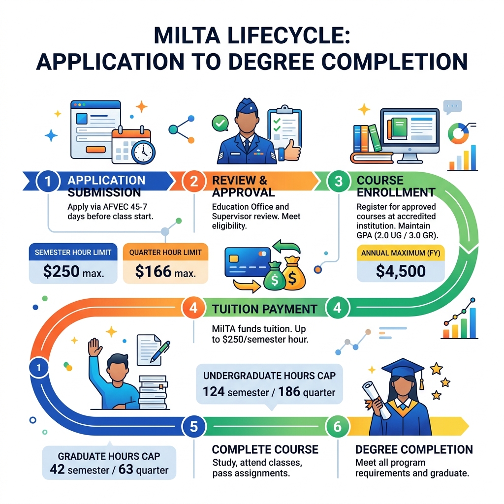 MilTA lifecycle infographic from application submission to degree completion with key steps and caps - air force active duty MilTA lifecycle infographic from application submission to degree completion with key steps and caps - air force active duty