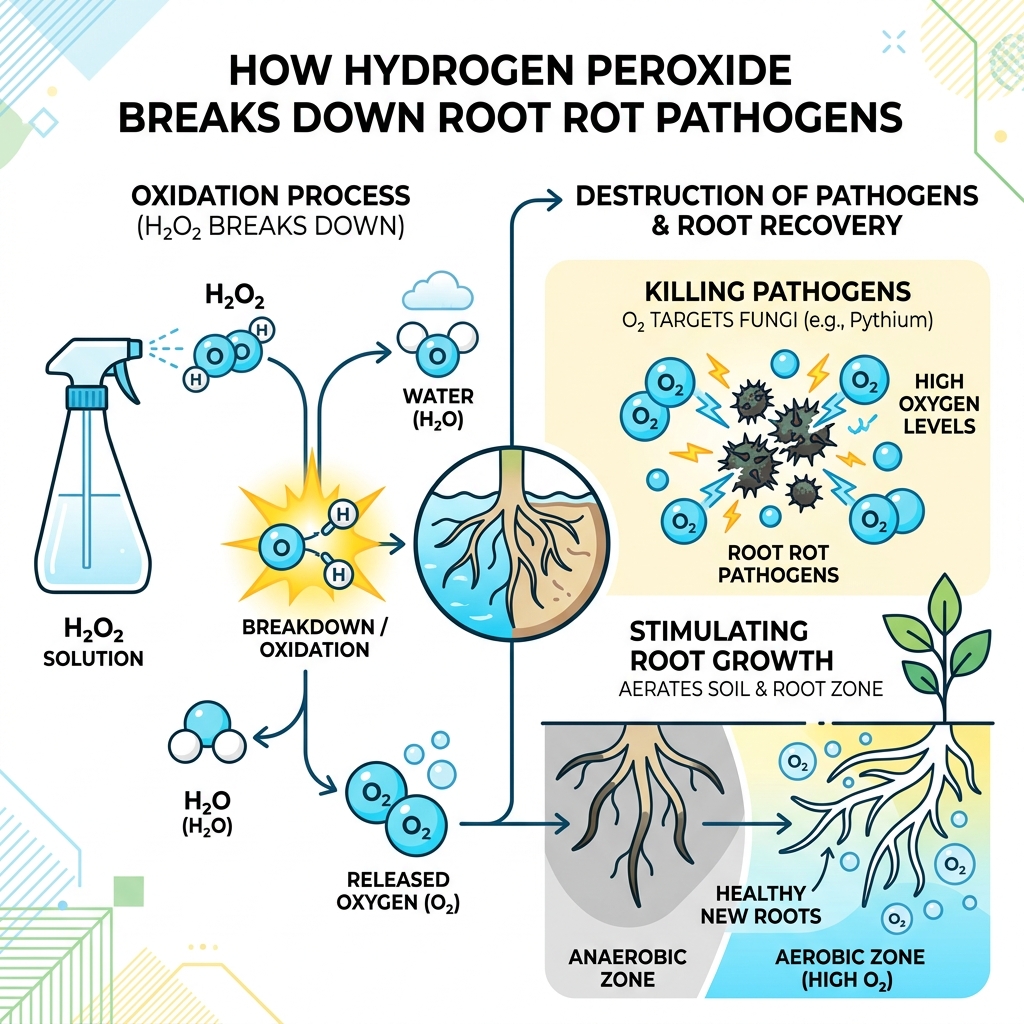 Infographic showing H2O2 oxidation process breaking down into water and oxygen to kill root rot pathogens - hydrogen
