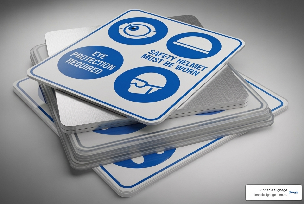 A stack of durable metal Custom mandatory signs for eye protection and safety helmet requirements.