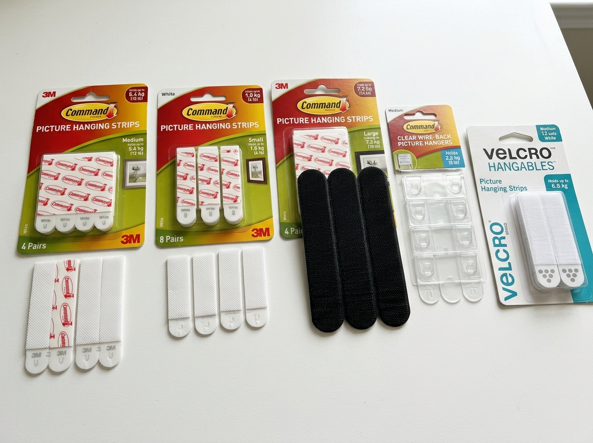 various adhesive strip sizes and interlocking fasteners - adhesive picture hangers